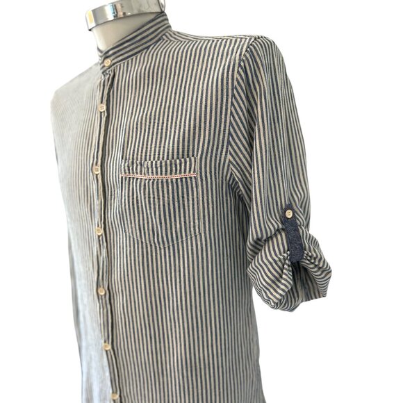 ZARA Man ~ Linen blend Blue & White Striped ~ Long Sleeve Button-Down Shirt~ - Picture 1 of 14